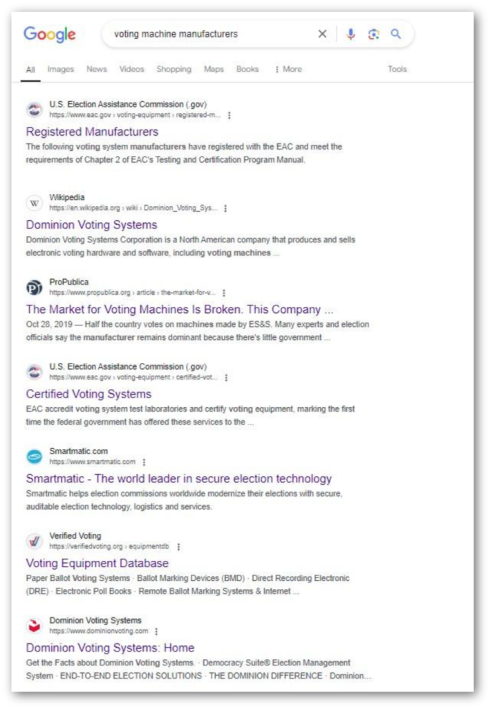 Google search results for "voting machine manufacturers".