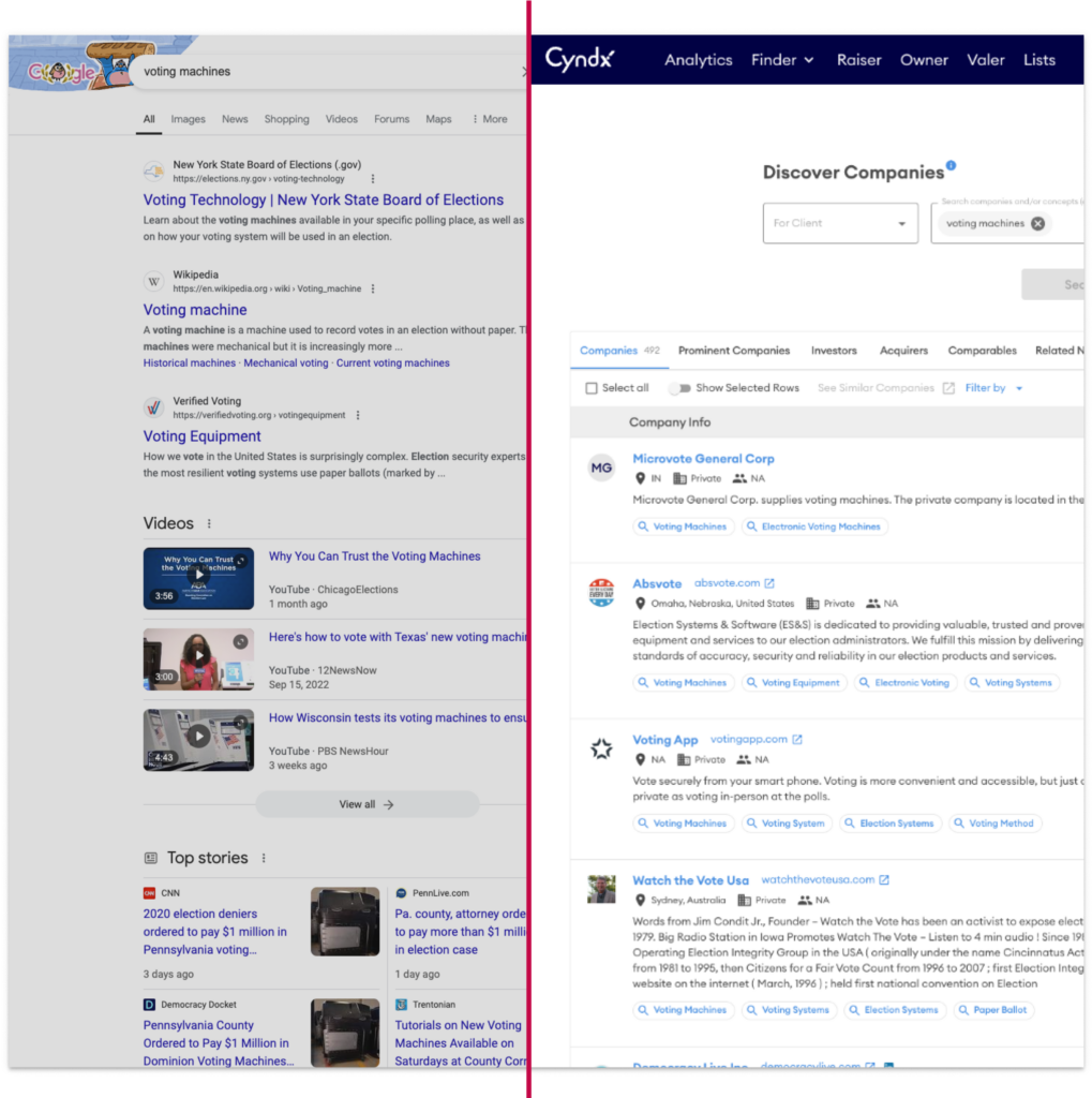 Google and Finder search results for "voting machines"